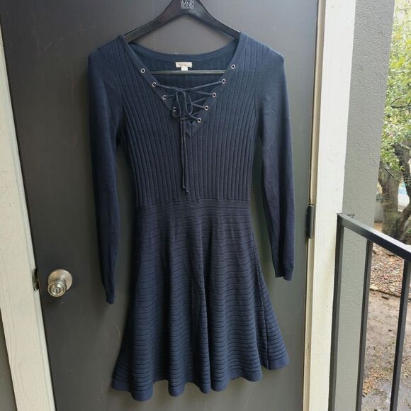 Xhilaration Womens Fit n Flare Mini Sweater Dress Size L Navy Blue Laceup Ribbed - Picture 1 of 11